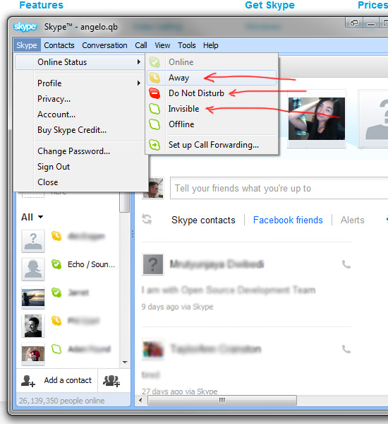 skype cannot change status to online